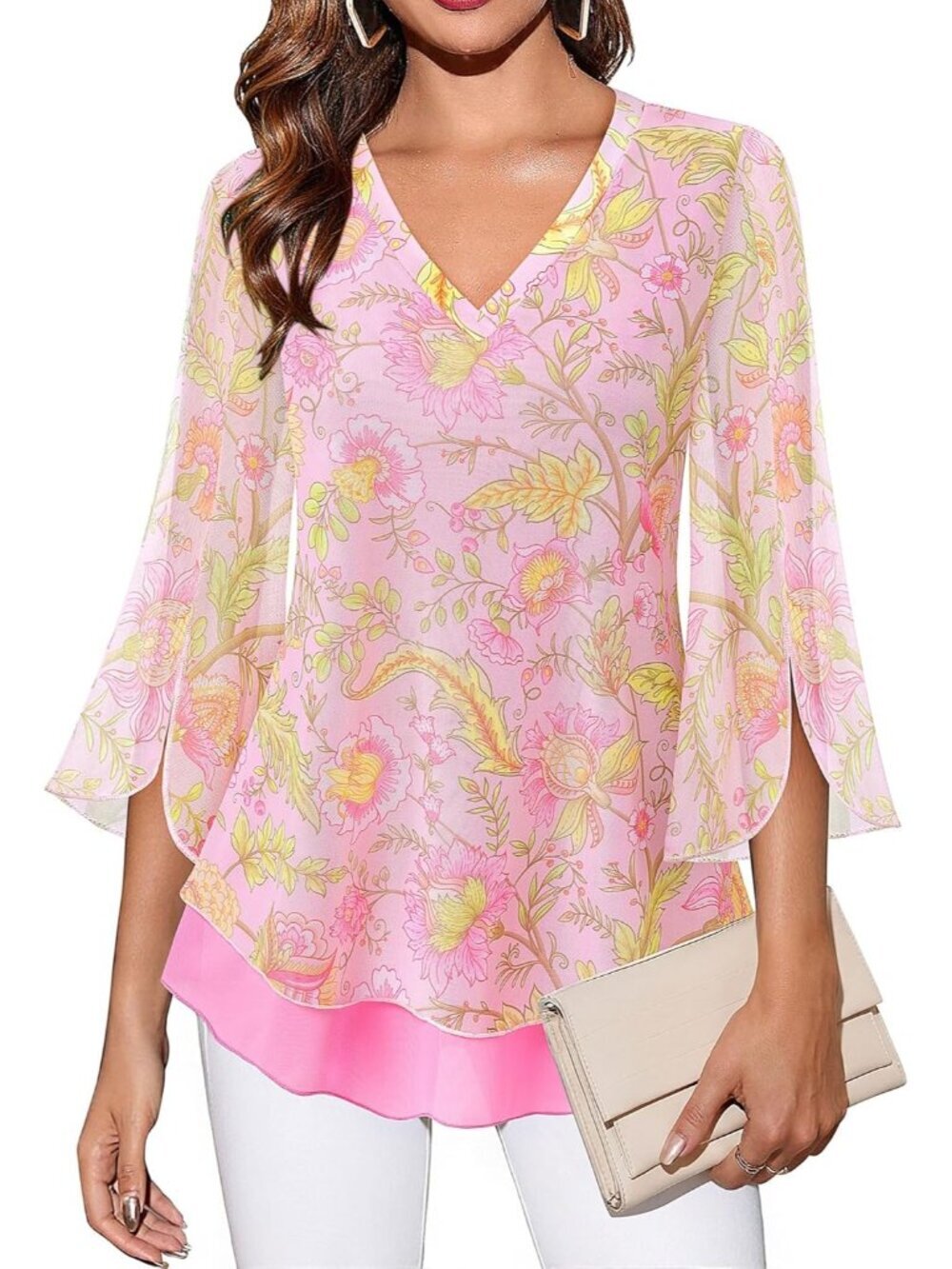 Women's Tops Floral Pink 3/4 Sleeves Floral Shirts Double Layers V Neck Blouses